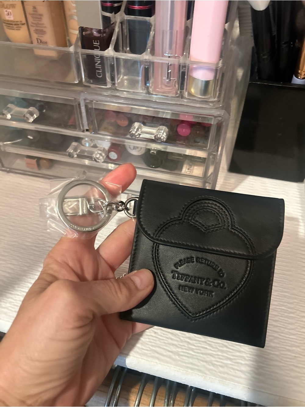 Tiffany & Co. Black Leather Heart Card Holder with Snap Keyring